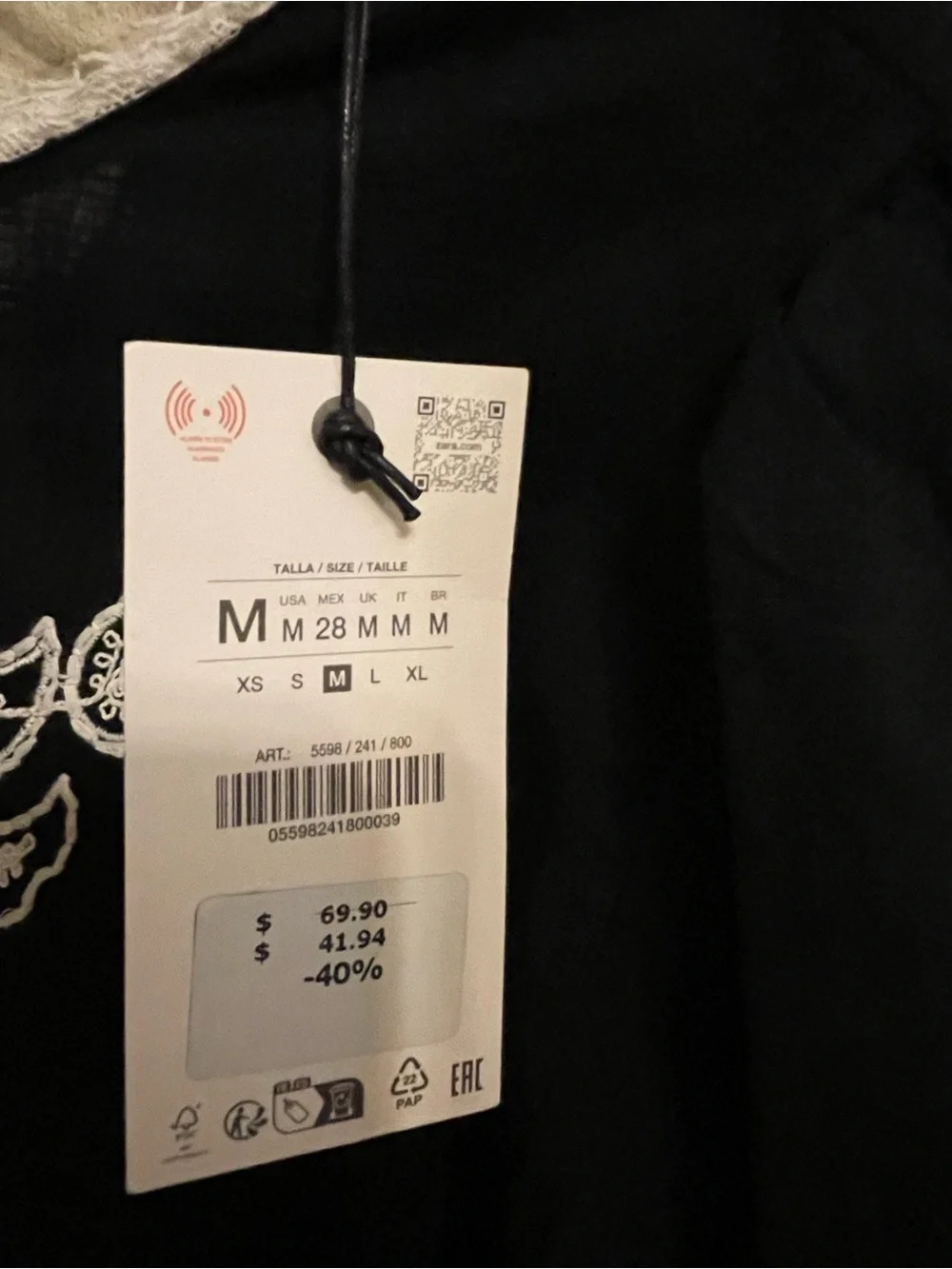 ZARA Black Blouse with White Embroidered Floral Trim